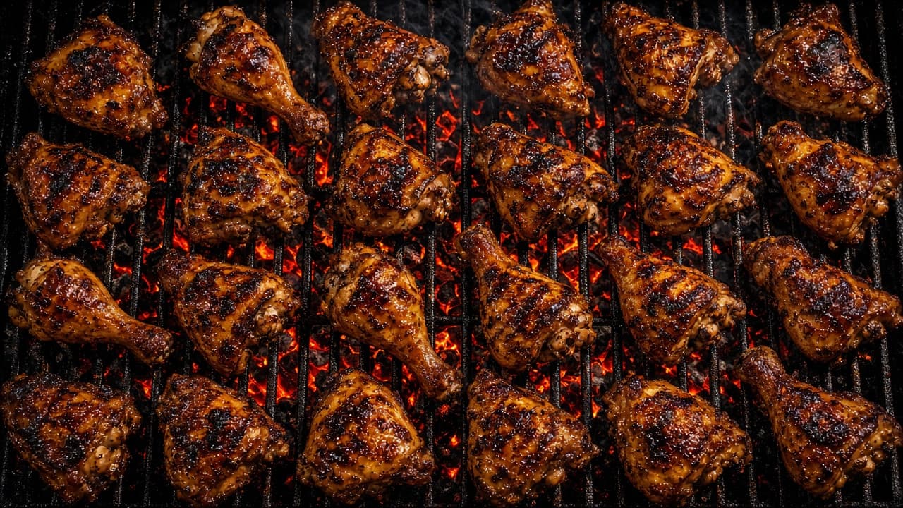 Kömür ateşinin üzerinde, ızgarada sıra sıra pişen tavuk parçaları
